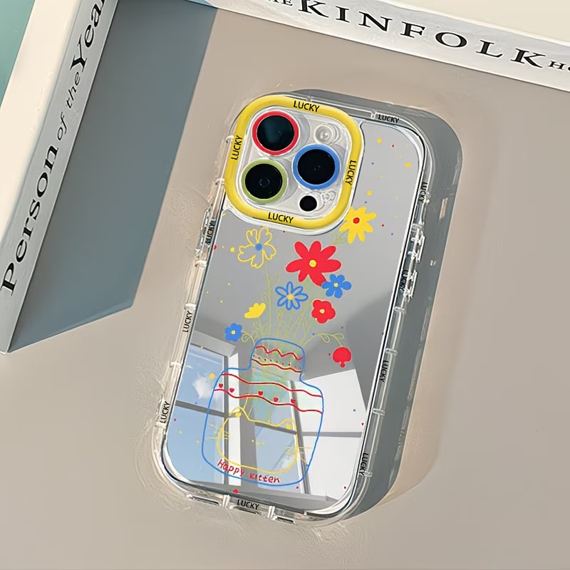 Apple Iphone 15 - Sommerliche Gänseblümchen-Katzen-Vasen-Design Spiegel-Handyhülle für iPhone 17