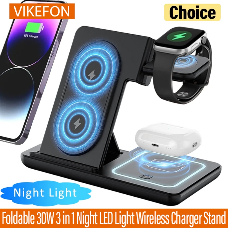 Wireless Charger Watch - 3-in-1 faltbares Nacht-LED-Licht, kabelloser Ladeständer für